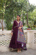Load image into Gallery viewer, Wine Roman Fabric Frill-Stitched Gown with Maslin Crochet Dupatta ClothsVilla