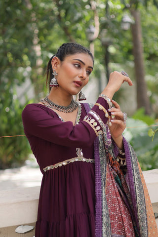 Wine Roman Fabric Frill-Stitched Gown with Maslin Crochet Dupatta ClothsVilla