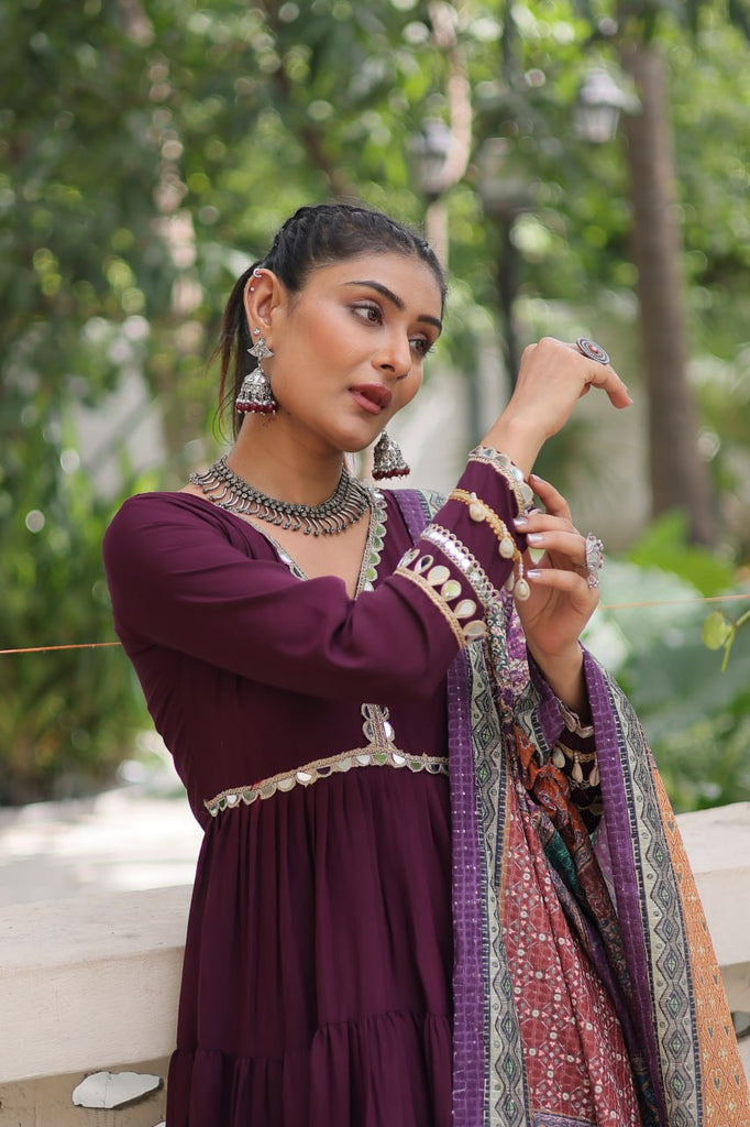 Wine Roman Fabric Frill-Stitched Gown with Maslin Crochet Dupatta ClothsVilla