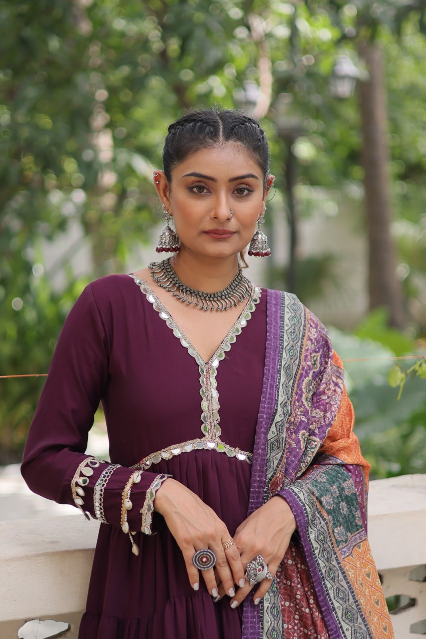 Wine Roman Fabric Frill-Stitched Gown with Maslin Crochet Dupatta ClothsVilla