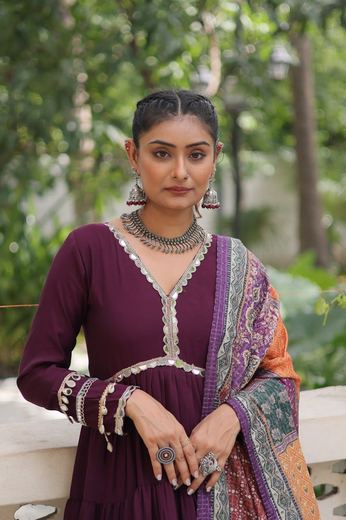 Wine Roman Fabric Frill-Stitched Gown with Maslin Crochet Dupatta ClothsVilla