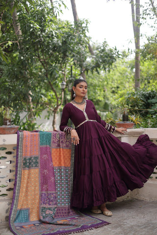 Wine Roman Fabric Frill-Stitched Gown with Maslin Crochet Dupatta ClothsVilla