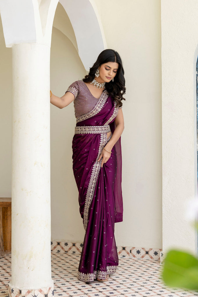 Wine Royal Kasturi Silk Saree with Zari, Dori, Foil & 4mm Sequins Work – Festive Edition ClothsVilla