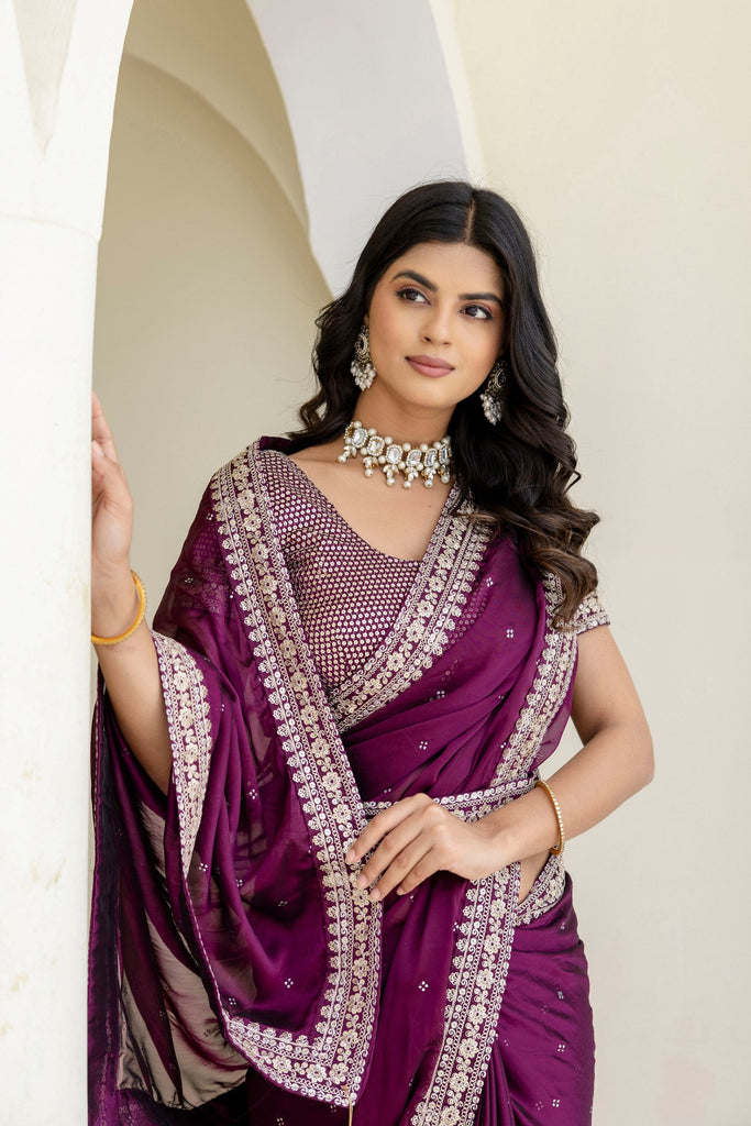 Wine Royal Kasturi Silk Saree with Zari, Dori, Foil & 4mm Sequins Work – Festive Edition ClothsVilla