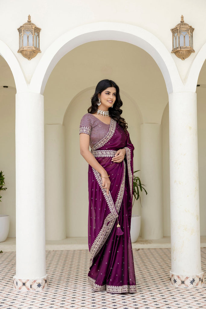 Wine Royal Kasturi Silk Saree with Zari, Dori, Foil & 4mm Sequins Work – Festive Edition ClothsVilla