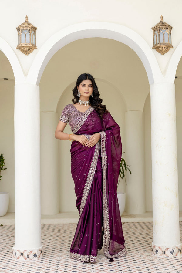 Wine Royal Kasturi Silk Saree with Zari, Dori, Foil & 4mm Sequins Work – Festive Edition ClothsVilla