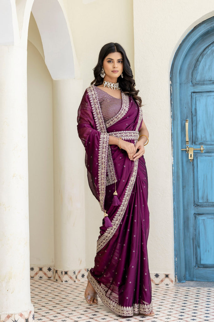 Wine Royal Kasturi Silk Saree with Zari, Dori, Foil & 4mm Sequins Work – Festive Edition ClothsVilla