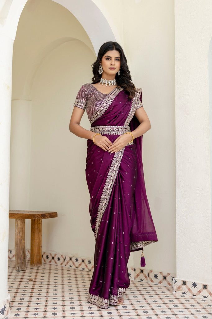 Wine Royal Kasturi Silk Saree with Zari, Dori, Foil & 4mm Sequins Work – Festive Edition ClothsVilla