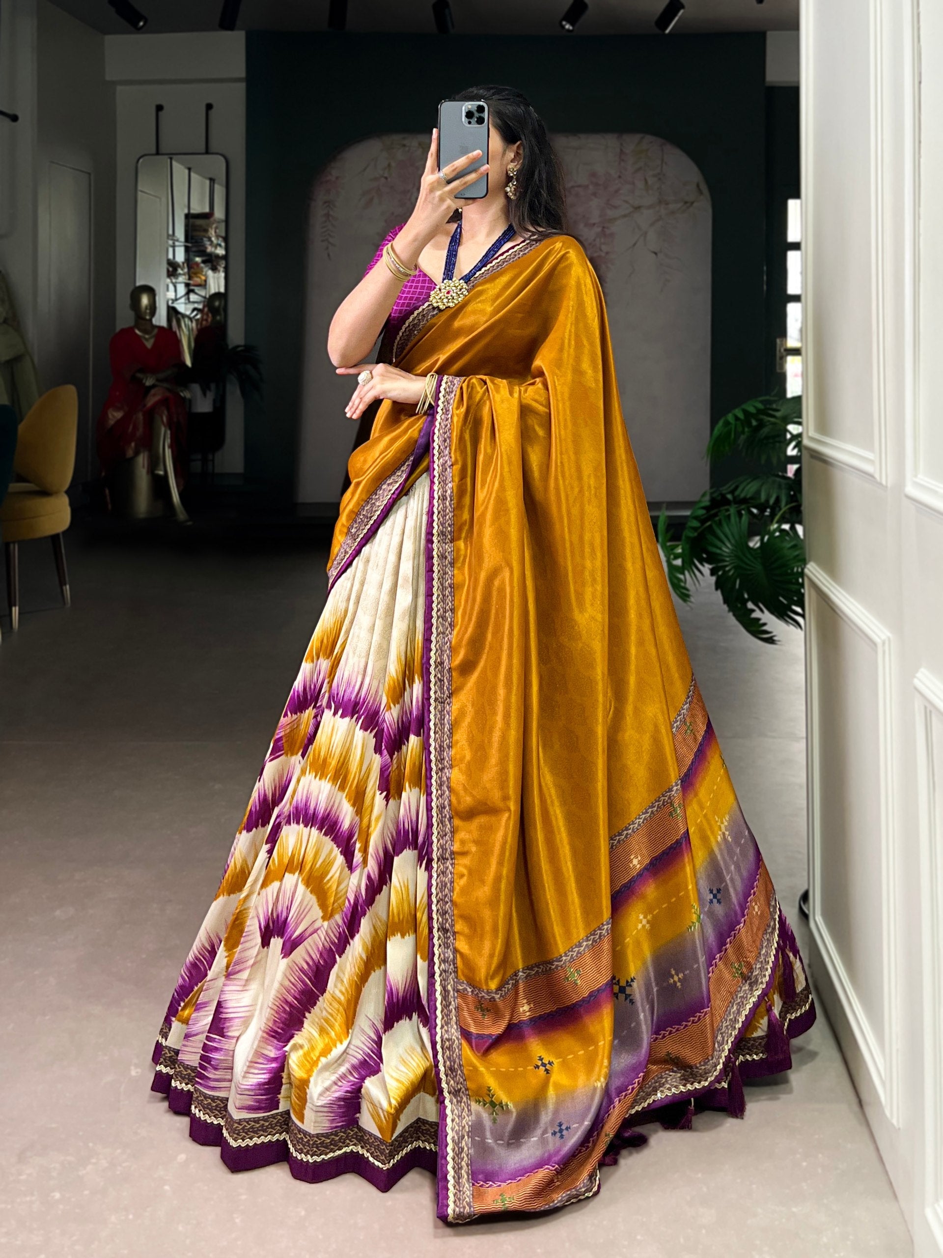 Wine Royal Tie‑Dye Dream Lehenga Set – Handcrafted Tasar Silk with Lace & Tassel Dupatta Secondary image