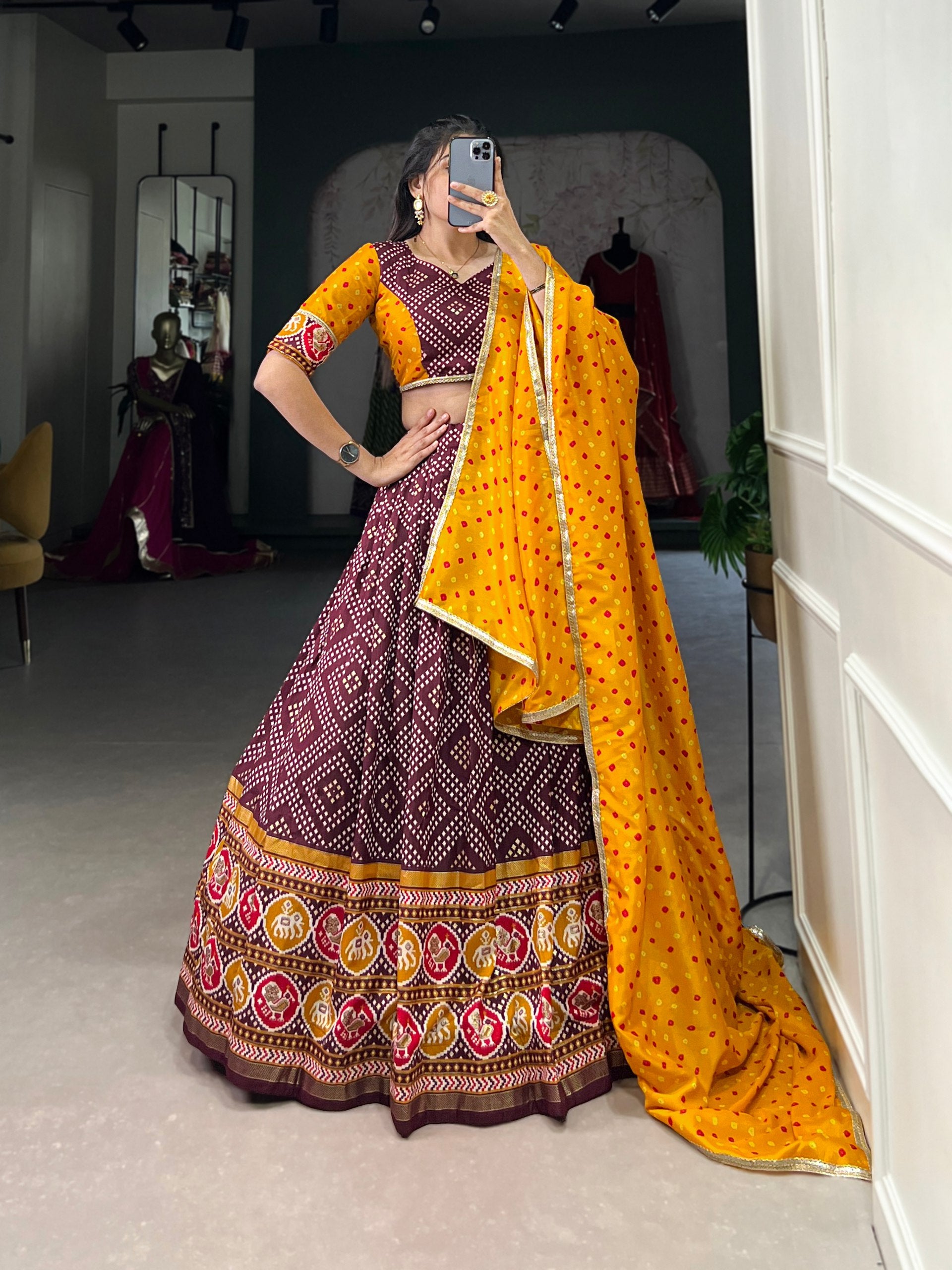 Wine Royal Tussar Silk Lehenga Choli with Bandhej & Patola Prints – Perfect for Festive Functions Main image