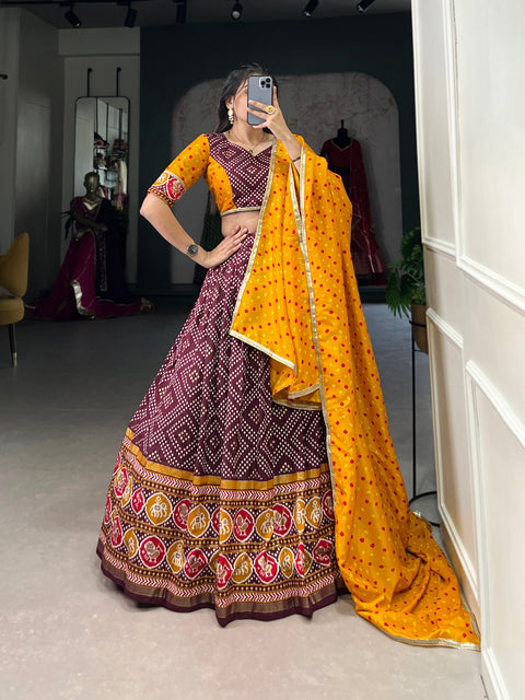 Wine Royal Tussar Silk Lehenga Choli with Bandhej & Patola Prints – Perfect for Festive Functions Main image