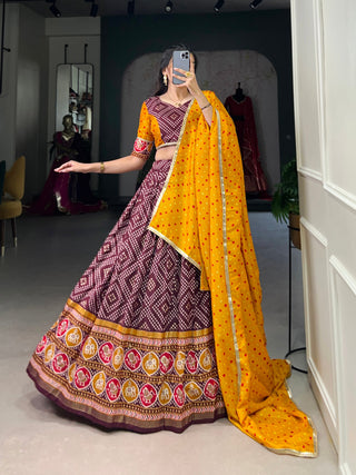 Wine Royal Tussar Silk Lehenga Choli with Bandhej & Patola Prints – Perfect for Festive Functions