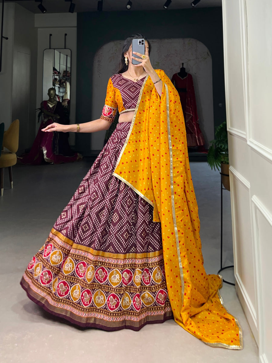 Ruhani Wine Gathered Silk Top With Bandhej