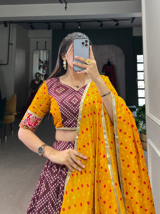 Wine Royal Tussar Silk Lehenga Choli with Bandhej & Patola Prints – Perfect for Festive Functions