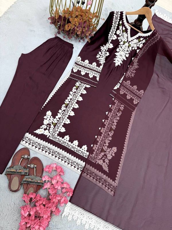 Wine Satin Rayon Kaftan Set ClothsVilla