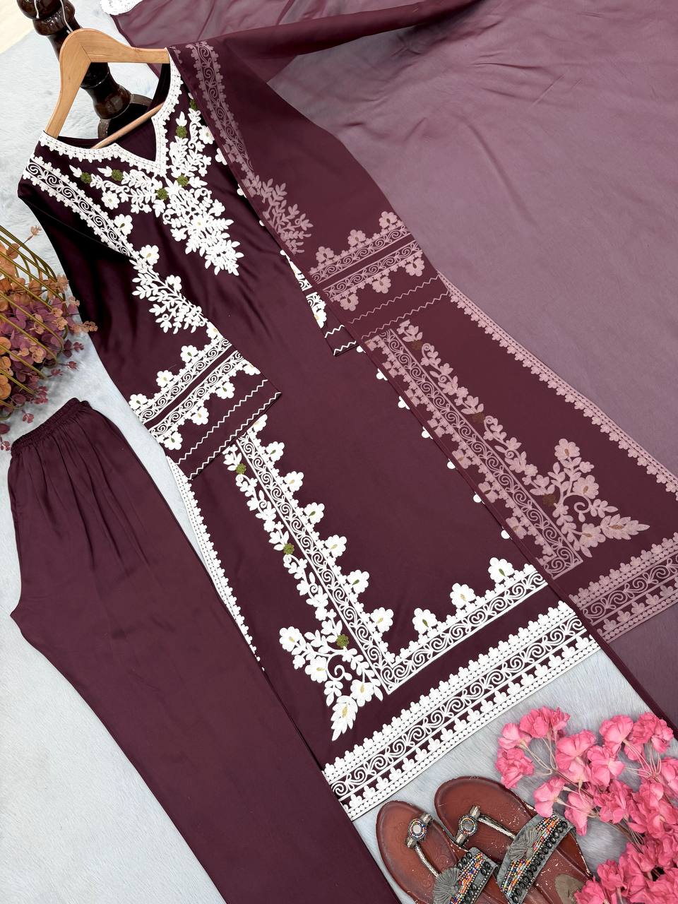 Wine Satin Rayon Kaftan Set ClothsVilla