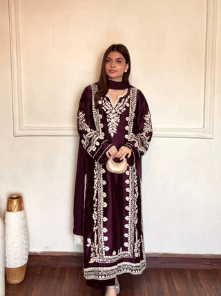 Wine Satin Rayon Kaftan Set ClothsVilla