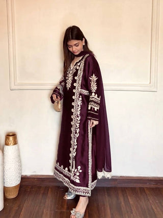 Wine Satin Rayon Kaftan Set ClothsVilla