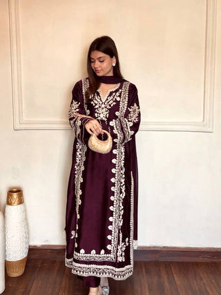 Wine Satin Rayon Kaftan Set ClothsVilla
