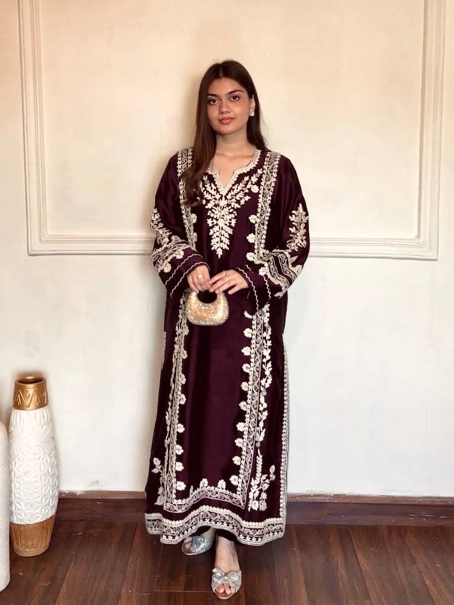 Wine Satin Rayon Kaftan Set ClothsVilla