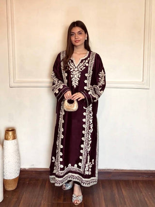 Wine Satin Rayon Kaftan Set ClothsVilla