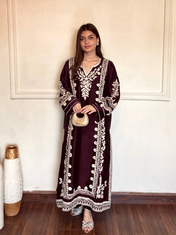 Wine Satin Rayon Kaftan Set ClothsVilla