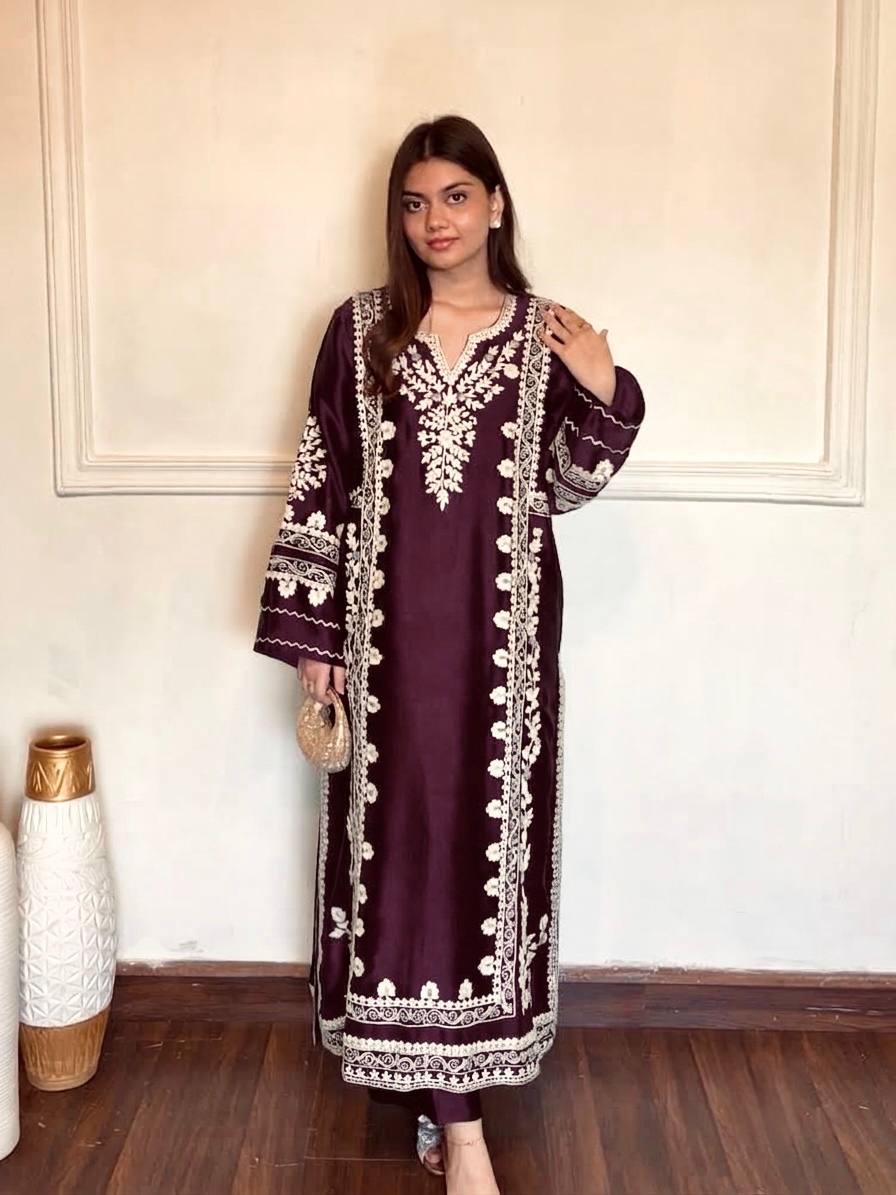 Wine Satin Rayon Kaftan Set ClothsVilla