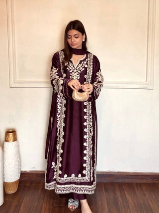 Wine Satin Rayon Kaftan Set ClothsVilla
