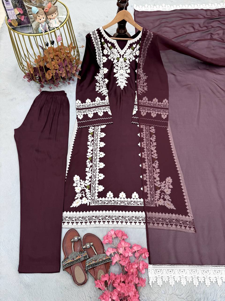 Wine Satin Rayon Kaftan Set ClothsVilla