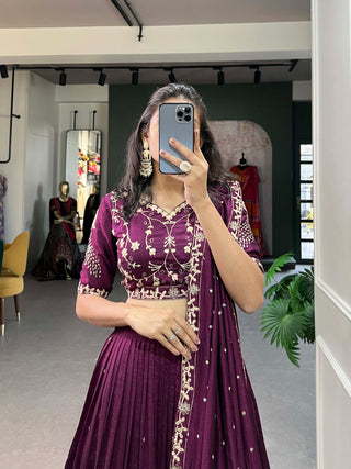 Wine Sequin Embroidered Vichitra Silk Lehenga Choli Set ClothsVilla