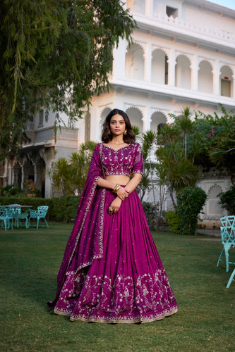 Wine Sequin Embroidered Vichitra Silk Lehenga Choli Set ClothsVilla