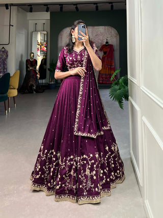 Wine Sequin Embroidered Vichitra Silk Lehenga Choli Set ClothsVilla
