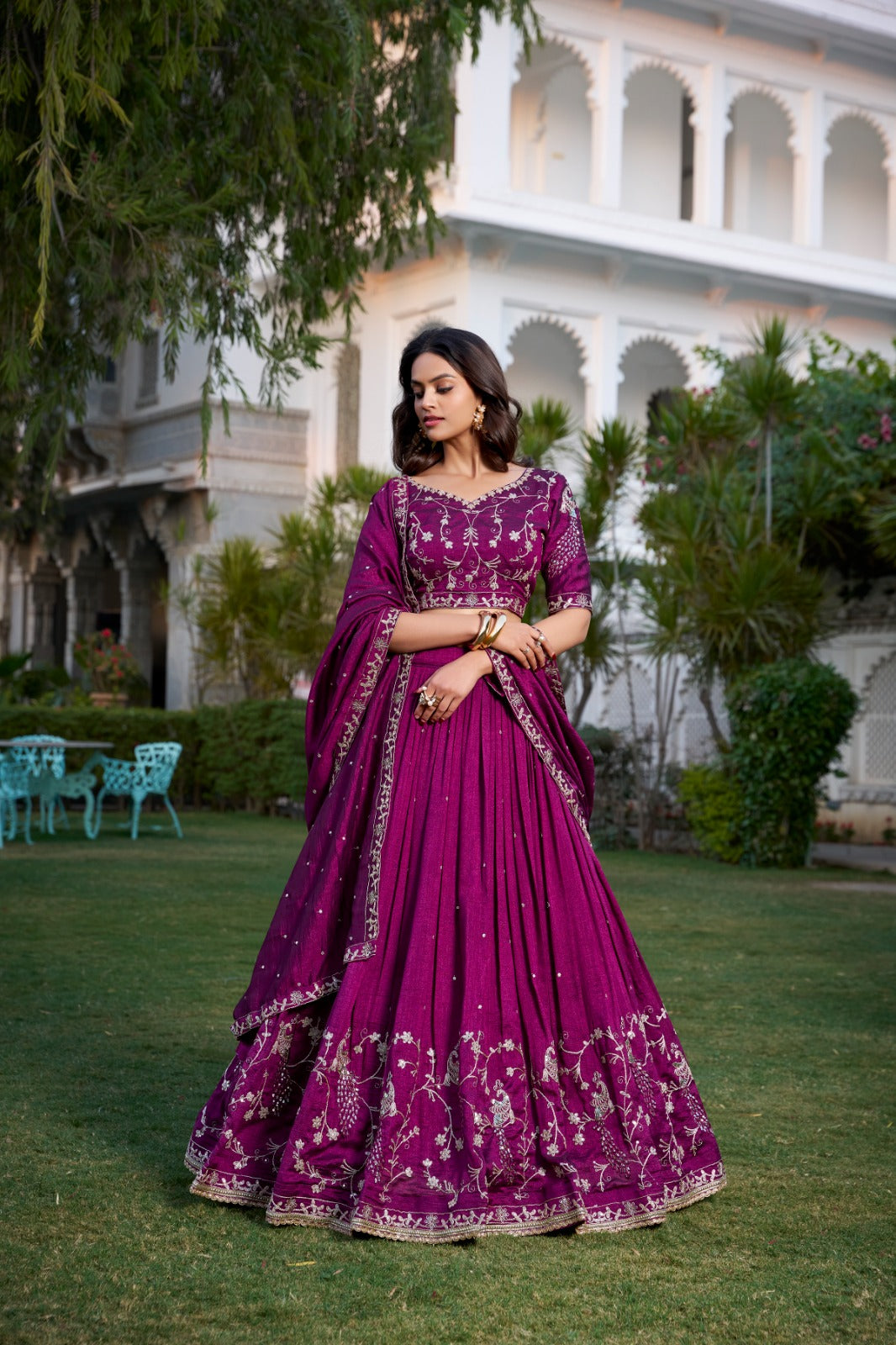 Wine Sequin Embroidered Vichitra Silk Lehenga Choli Set Secondary image