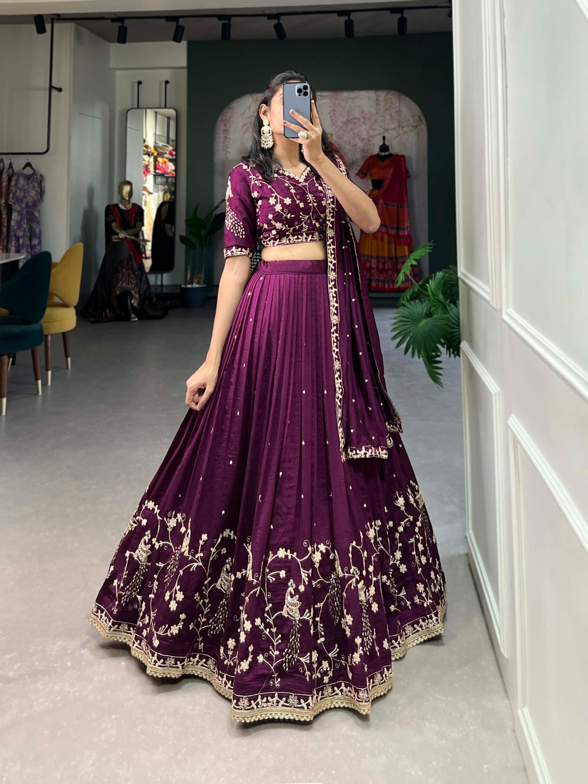 Wine Sequin Embroidered Vichitra Silk Lehenga Choli Set ClothsVilla