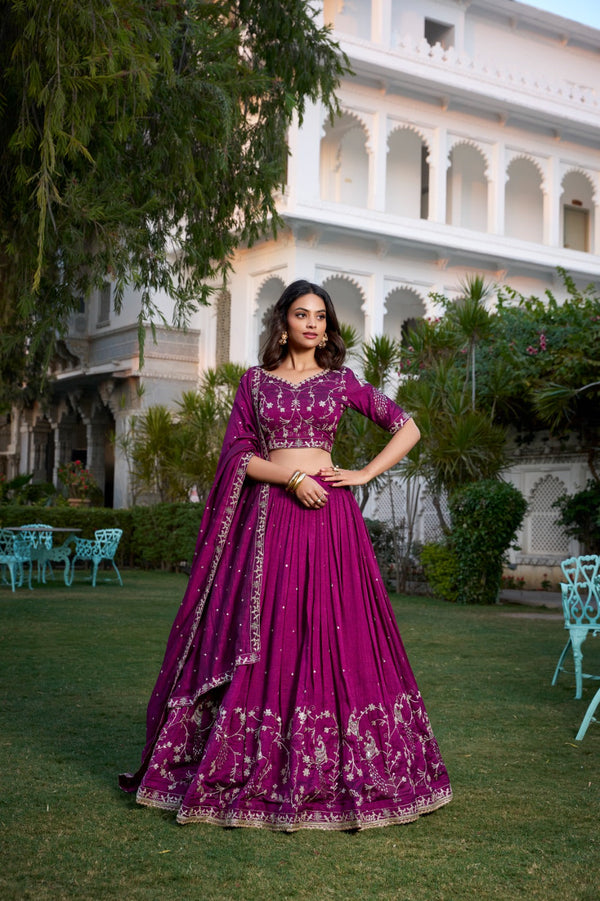 Wine Sequin Embroidered Vichitra Silk Lehenga Choli Set ClothsVilla