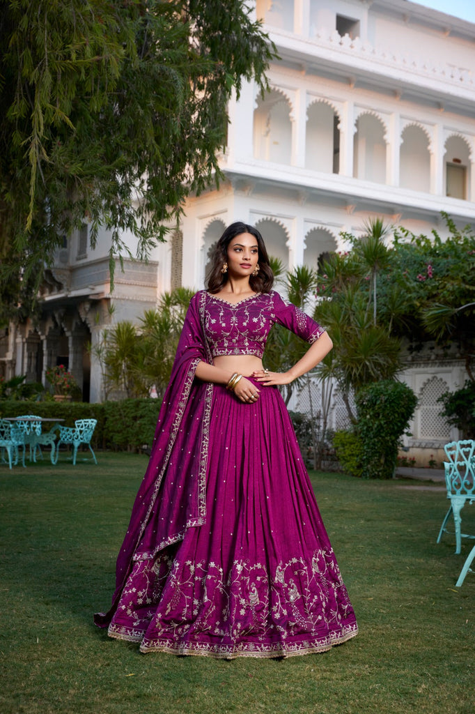 Wine Sequin Embroidered Vichitra Silk Lehenga Choli Set ClothsVilla