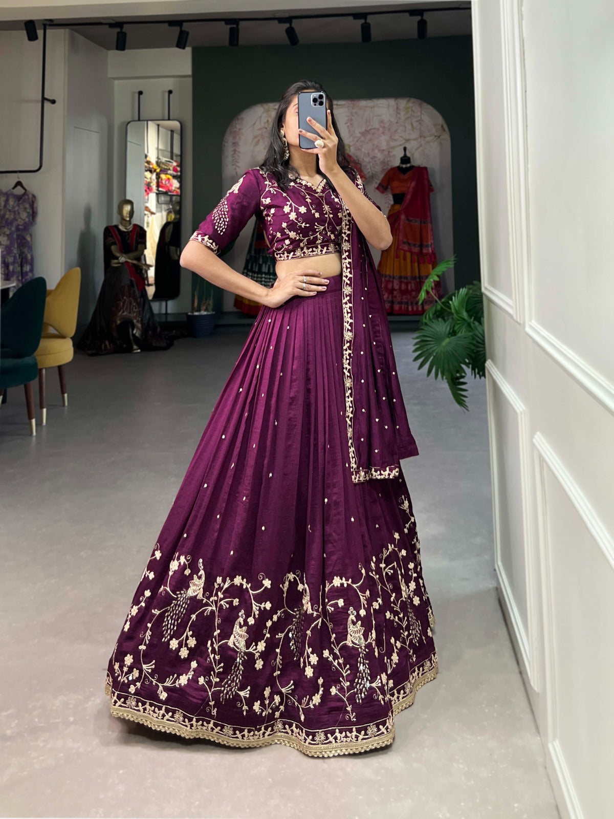 Wine Sequin Embroidered Vichitra Silk Lehenga Choli Set ClothsVilla
