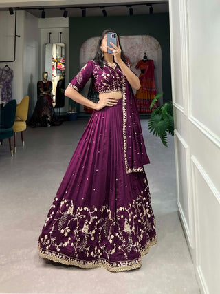 Wine Sequin Embroidered Vichitra Silk Lehenga Choli Set ClothsVilla