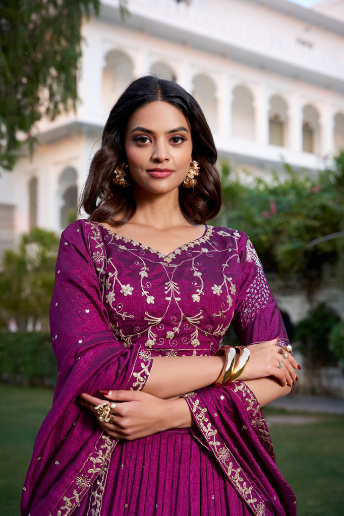 Wine Sequin Embroidered Vichitra Silk Lehenga Choli Set ClothsVilla