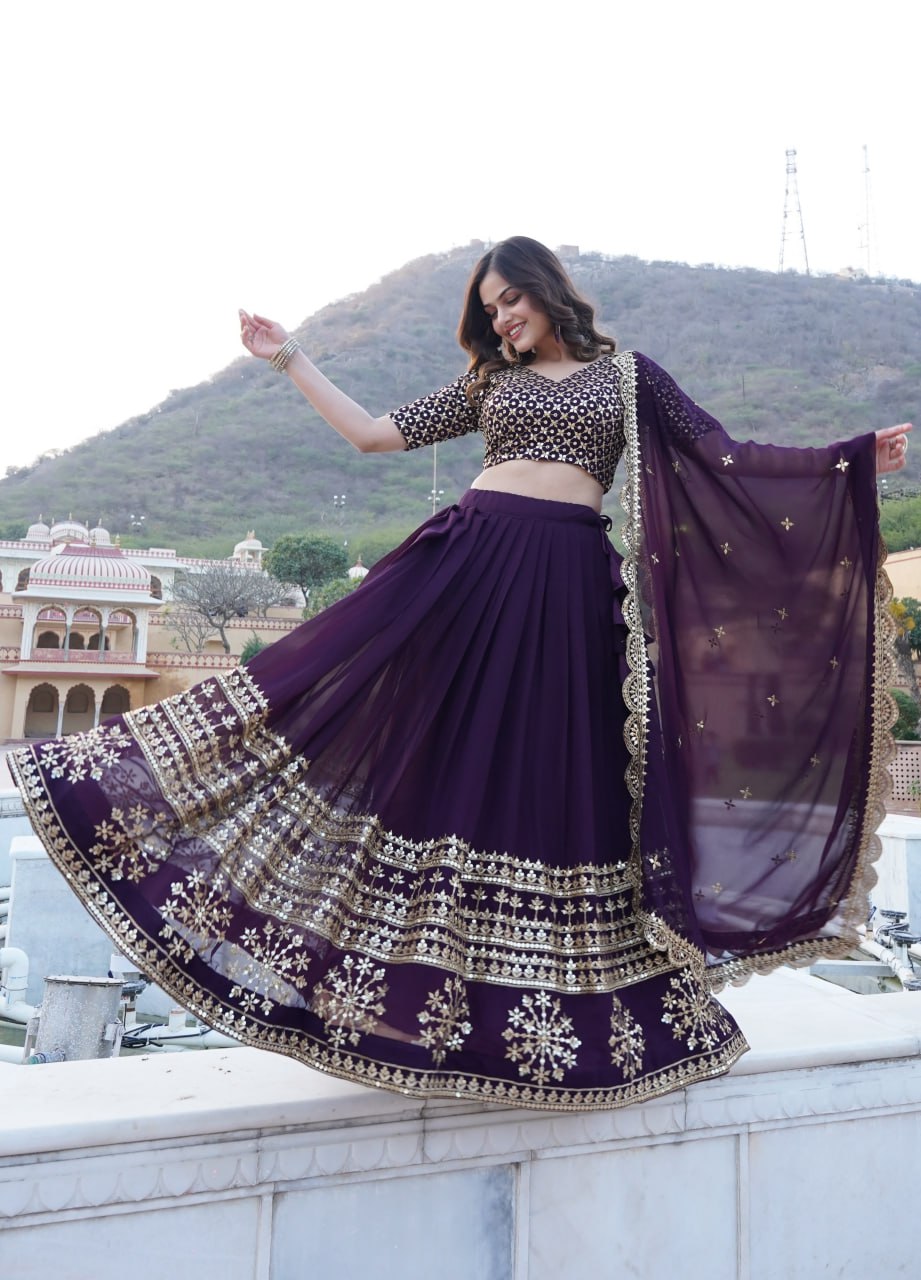 Wine Sequined Faux Georgette Lehenga Choli Set with Dupatta ClothsVilla