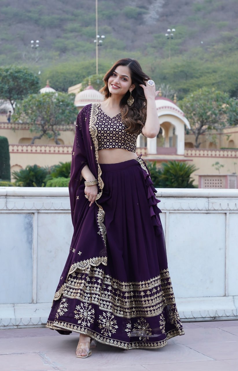 Wine Sequined Faux Georgette Lehenga Choli Set with Dupatta ClothsVilla Main image