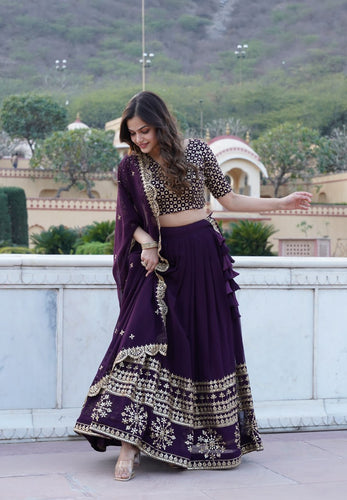 Wine Sequined Faux Georgette Lehenga Choli Set with Dupatta ClothsVilla