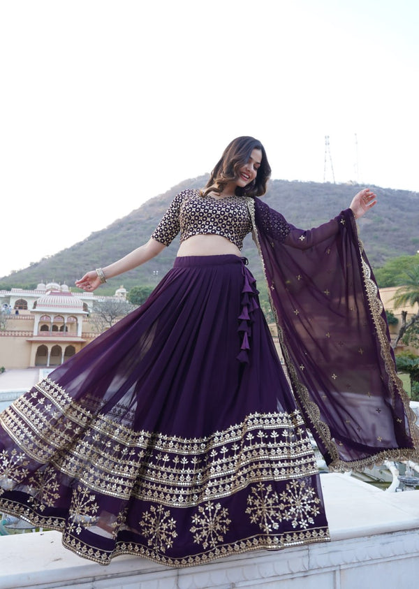 Wine Sequined Faux Georgette Lehenga Choli Set with Dupatta ClothsVilla