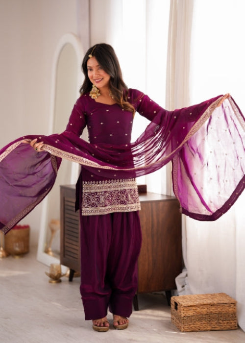 Wine Silk Embroidered Kurta Bell Bottom Set ClothsVilla