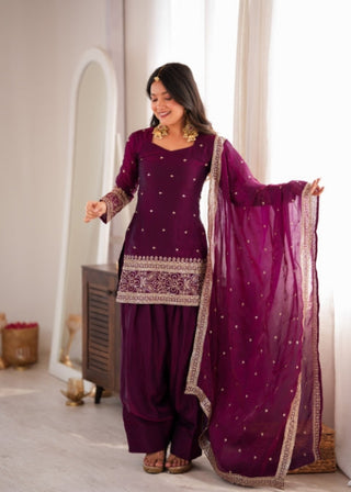 Wine Silk Embroidered Kurta Bell Bottom Set ClothsVilla