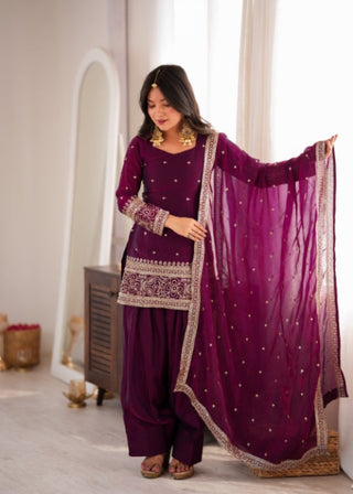 Wine Silk Embroidered Kurta Bell Bottom Set ClothsVilla