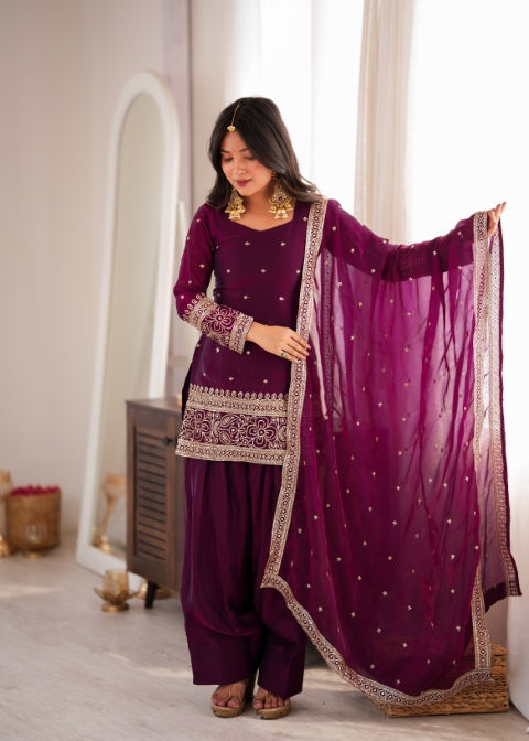 Wine Silk Embroidered Kurta Bell Bottom Set ClothsVilla