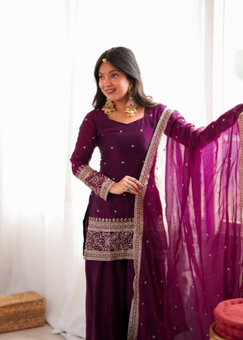 Wine Silk Embroidered Kurta Bell Bottom Set ClothsVilla