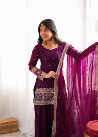 Wine Silk Embroidered Kurta Bell Bottom Set ClothsVilla