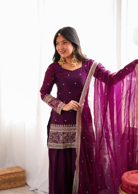 Wine Silk Embroidered Kurta Bell Bottom Set ClothsVilla